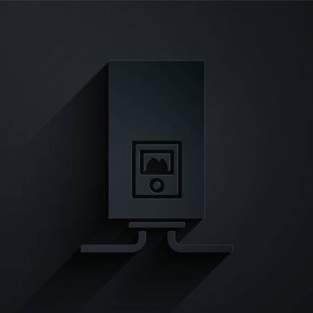 Paper cut Gas boiler with a burning fire icon isolated on black background. Paper art style. Vector Illustrationのイラスト素材