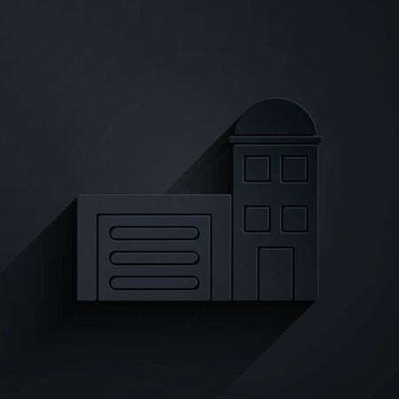 Paper cut Building of fire station icon isolated on black background. Fire department building. Paper art style. Vector Illustrationのイラスト素材