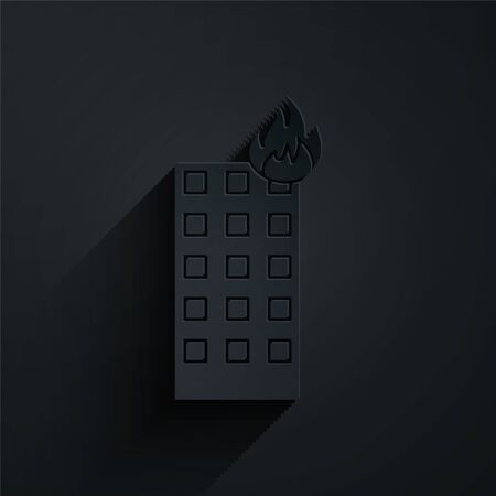 Paper cut Fire in burning building on city street icon isolated on black background. Paper art style. Vector Illustrationのイラスト素材