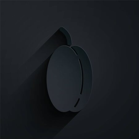 Paper cut Plum fruit icon isolated on black background. Paper art style. Vector Illustrationのイラスト素材