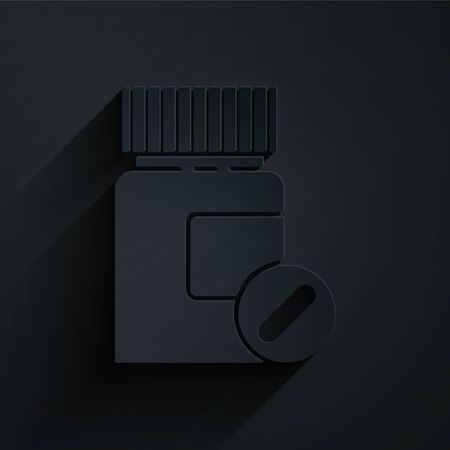 Paper cut Medicine bottle and pills icon isolated on black background. Bottle pill sign. Pharmacy design. Paper art style. Vector Illustrationのイラスト素材