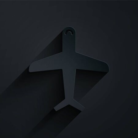 Paper cut Plane icon isolated on black background. Flying airplane icon. Airliner sign. Paper art style. Vector Illustrationのイラスト素材