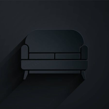 Paper cut Sofa icon isolated on black background. Paper art style. Vector Illustrationのイラスト素材