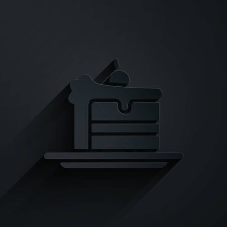 Paper cut Cake icon isolated on black background. Happy Birthday. Paper art style. Vector Illustrationのイラスト素材