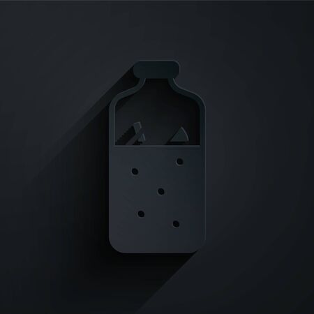 Paper cut Mulled wine with ingredients icon isolated on black background. Cinnamon stick, clove, lemon slice. Paper art style. Vector Illustrationのイラスト素材