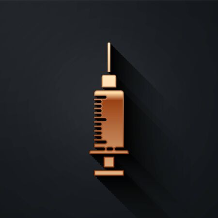 Gold Syringe icon isolated on black background. Syringe for vaccine, vaccination, injection, flu shot. Medical equipment. Long shadow style. Vector Illustrationのイラスト素材