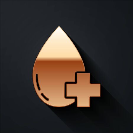 Gold Donate drop blood with cross icon isolated on black background. Long shadow style. Vector Illustrationのイラスト素材