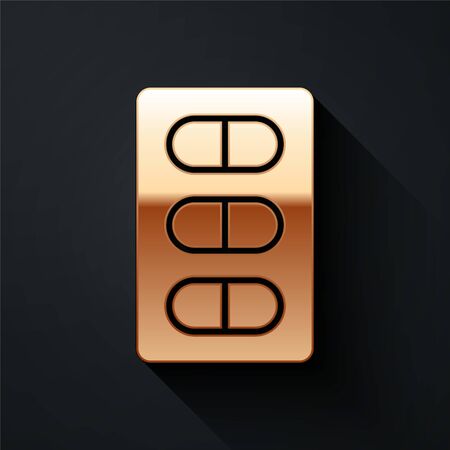 Gold Pills in blister pack icon isolated on black background. Medical drug package for tablet, vitamin, antibiotic, aspirin. Long shadow style. Vector Illustrationのイラスト素材