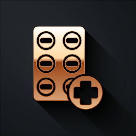 Gold Pills in blister pack icon isolated on black background. Medical drug package for tablet, vitamin, antibiotic, aspirin. Long shadow style. Vector Illustrationのイラスト素材