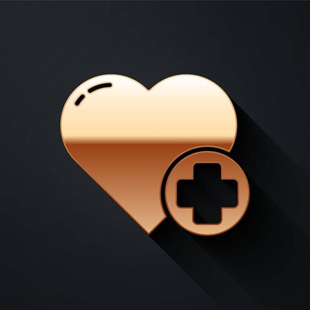 Gold Heart with a cross icon isolated on black background. First aid. Healthcare, medical and pharmacy sign. Long shadow style. Vector Illustrationのイラスト素材