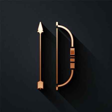 Gold Bow and arrow in quiver icon isolated on black background. Long shadow style. Vector Illustrationのイラスト素材