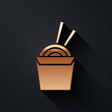 Gold Asian noodles in paper box and chopsticks icon isolated on black background. Street fast food. Korean, Japanese, Chinese food. Long shadow style. Vector Illustrationのイラスト素材