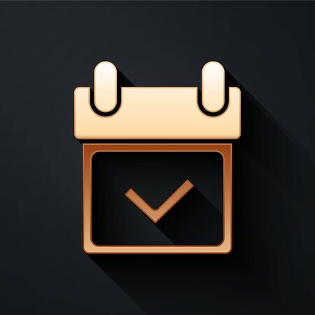 Gold Calendar with check mark icon isolated on black background. Long shadow style. Vector Illustrationのイラスト素材