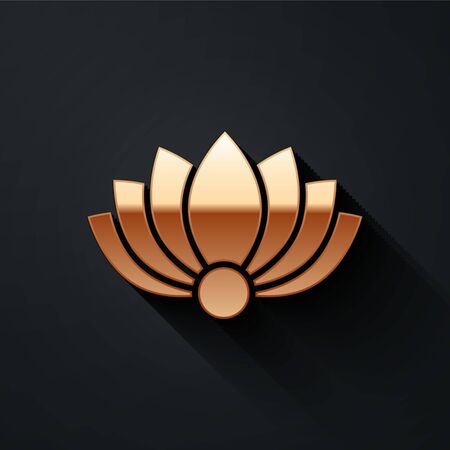 Gold Lotus flower icon isolated on black background. Long shadow style. Vector Illustrationのイラスト素材