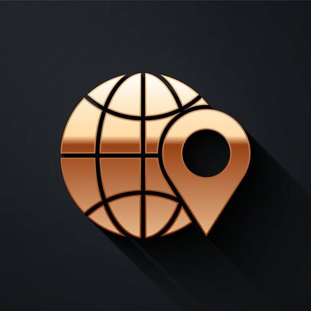Gold Location on the globe icon isolated on black background. World or Earth sign. Long shadow style. Vector Illustrationのイラスト素材