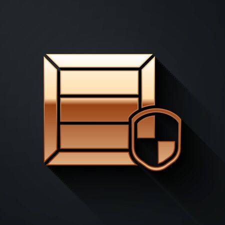 Gold Delivery pack security with shield icon isolated on black background. Delivery insurance. Insured cardboard boxes beyond the shield. Long shadow style. Vector Illustrationのイラスト素材