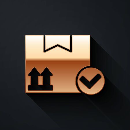 Gold Package box with check mark icon isolated on black background. Parcel box. Approved delivery or successful package receipt. Long shadow style. Vector Illustrationのイラスト素材