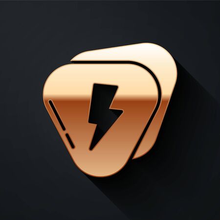 Gold Guitar pick icon isolated on black background. Musical instrument. Long shadow style. Vector Illustrationのイラスト素材