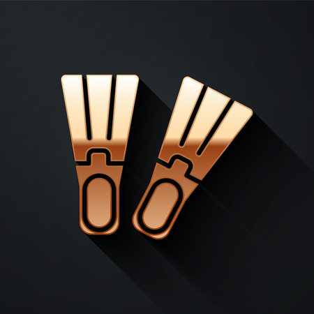 Gold Rubber flippers for swimming icon isolated on black background. Diving equipment. Extreme sport. Sport equipment. Long shadow style. Vector Illustrationのイラスト素材