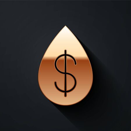 Gold Oil drop with dollar symbol icon isolated on black background. Long shadow style. Vector Illustrationのイラスト素材