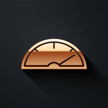 Gold Speedometer icon isolated on black background. Long shadow style. Vector Illustrationのイラスト素材