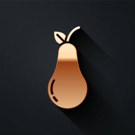 Gold Pear icon isolated on black background. Fruit with leaf symbol. Long shadow style. Vector Illustrationのイラスト素材