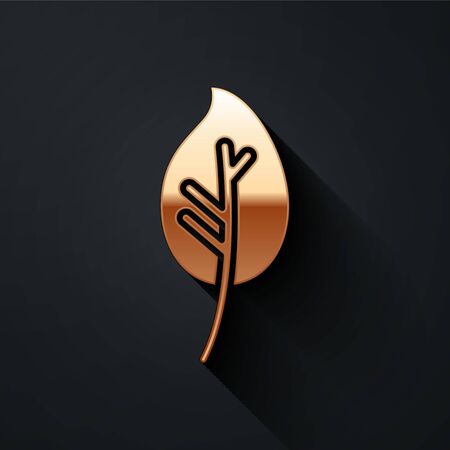 Gold Leaf icon isolated on black background. Leaves sign. Fresh natural product symbol. Long shadow style. Vector Illustrationのイラスト素材