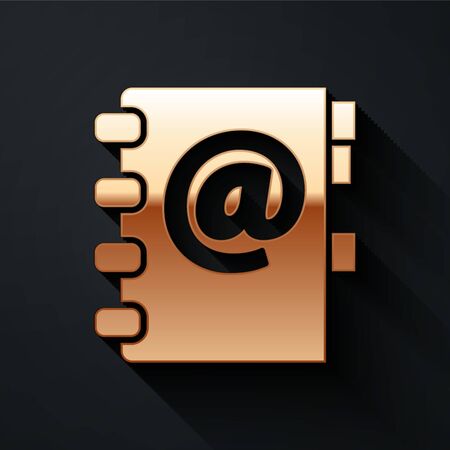 Gold Address book icon isolated on black background. Notebook, address, contact, directory, phone, telephone book icon. Long shadow style. Vector Illustrationのイラスト素材