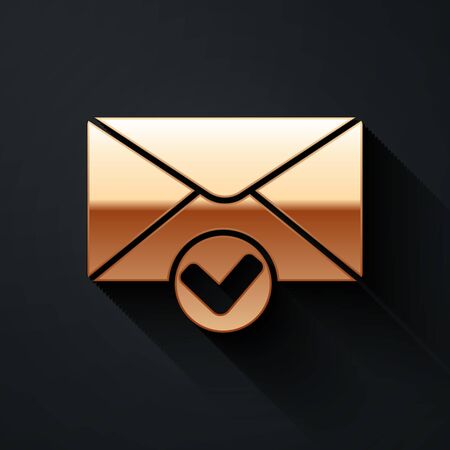Gold Envelope and check mark icon isolated on black background. Successful e-mail delivery, email delivery confirmation. Long shadow style. Vector Illustrationのイラスト素材