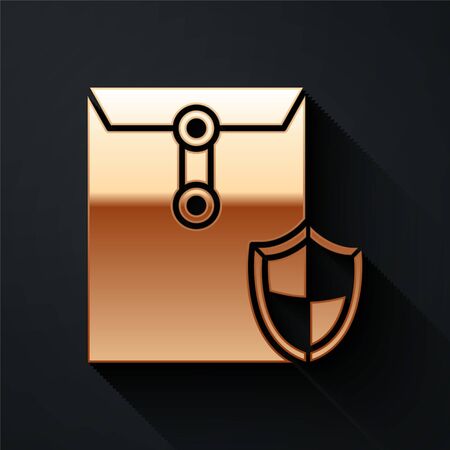 Gold Envelope with shield icon isolated on black background. Insurance concept. Security, safety, protection, protect concept. Long shadow style. Vector Illustrationのイラスト素材