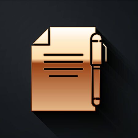 Gold Document and pen icon isolated on black background. File icon. Checklist icon. Business concept. Long shadow style. Vector Illustrationのイラスト素材