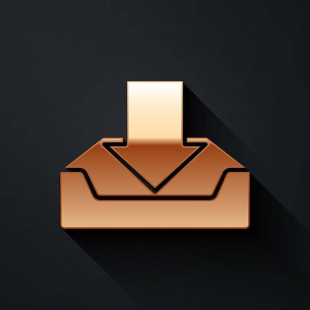 Gold Download inbox icon isolated on black background. Long shadow style. Vector Illustrationのイラスト素材