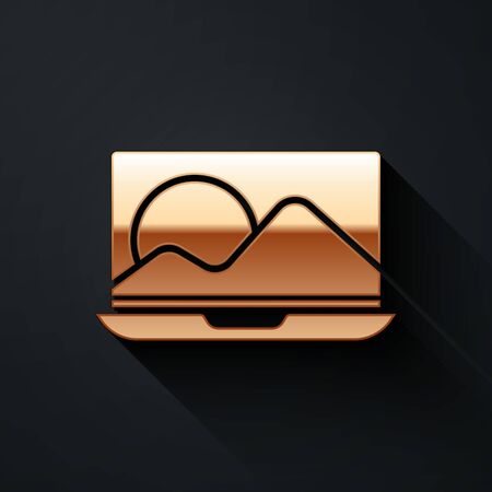 Gold Laptop icon isolated on black background. Computer notebook with empty screen sign. Long shadow style. Vector Illustrationのイラスト素材