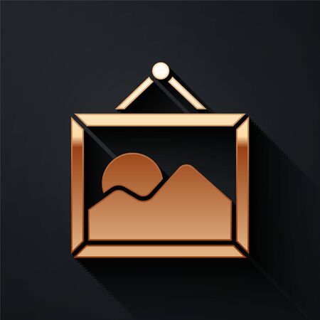 Gold Picture landscape icon isolated on black background. Long shadow style. Vector Illustrationのイラスト素材