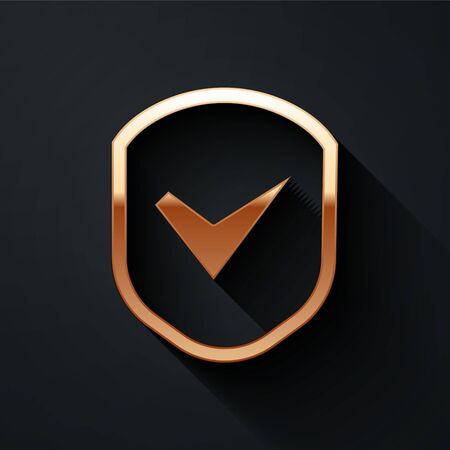 Gold Shield with check mark icon isolated on black background. Security, safety, protection, privacy concept. Tick mark approved. Long shadow style. Vector Illustrationのイラスト素材