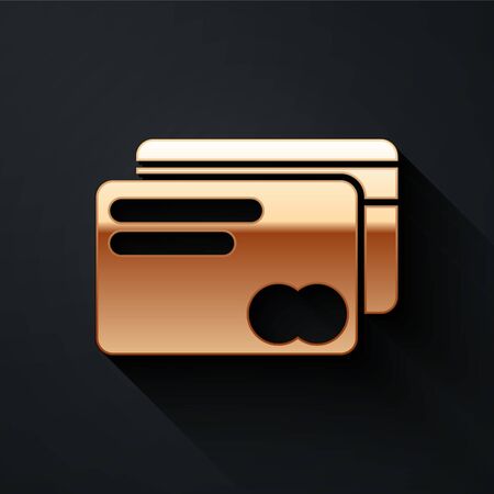 Gold Credit card icon isolated on black background. Online payment. Cash withdrawal. Financial operations. Shopping sign. Long shadow style. Vector Illustrationのイラスト素材