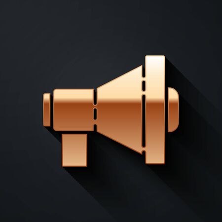 Gold Megaphone icon isolated on black background. Loud speach alert concept. Bullhorn for Mouthpiece scream promotion. Long shadow style. Vector Illustrationのイラスト素材
