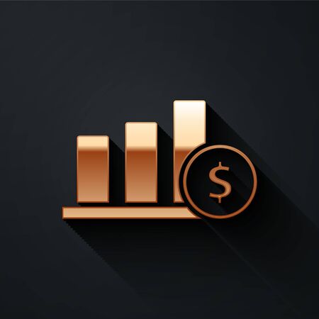 Gold Pie chart infographic and dollar symbol icon isolated on black background. Diagram chart sign. Long shadow style. Vector Illustrationのイラスト素材