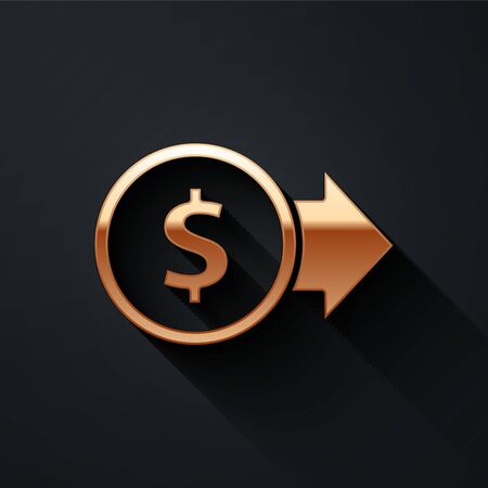 Gold Coin money with dollar symbol icon isolated on black background. Banking currency sign. Cash symbol. Long shadow style. Vector Illustrationのイラスト素材