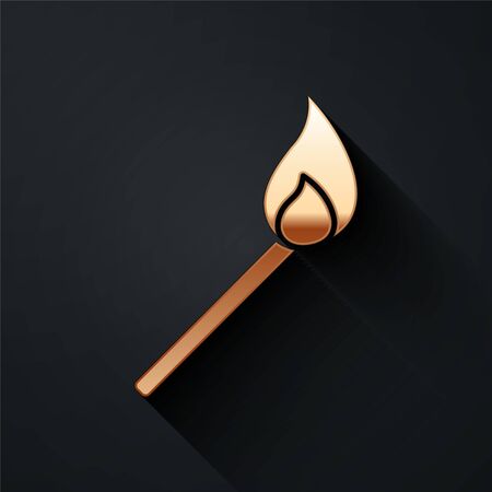 Gold Burning match with fire icon isolated on black background. Match with fire. Matches sign. Long shadow style. Vector Illustrationのイラスト素材