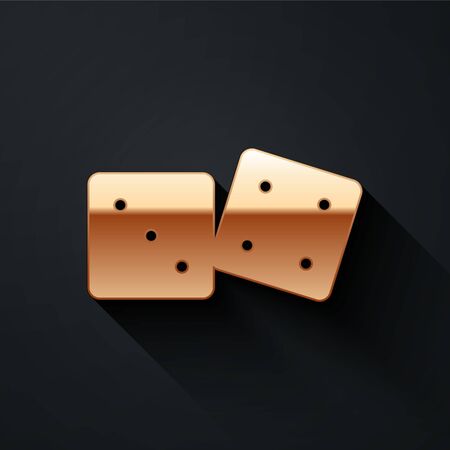Gold Game dice icon isolated on black background. Casino gambling. Long shadow style. Vector Illustrationのイラスト素材