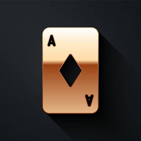 Gold Playing card with diamonds symbol icon isolated on black background. Casino gambling. Long shadow style. Vector Illustrationのイラスト素材