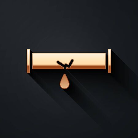 Gold Broken metal pipe with leaking water icon isolated on black background. Long shadow style. Vector Illustrationのイラスト素材