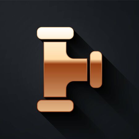 Gold Industry metallic pipe icon isolated on black background. Plumbing pipeline parts of different shapes. Long shadow style. Vector Illustrationのイラスト素材
