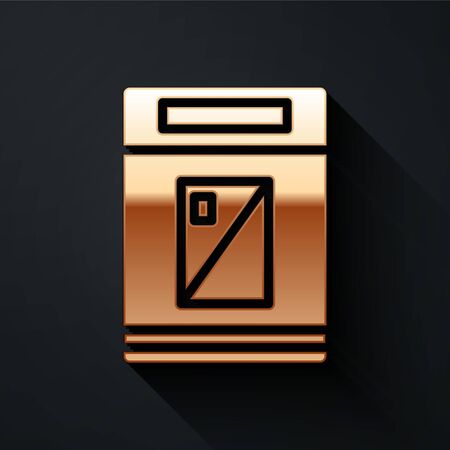 Gold Cigarettes pack box icon isolated on black background. Cigarettes pack. Long shadow style. Vector Illustrationのイラスト素材