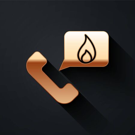 Gold Telephone with emergency call 911 icon isolated on black background. Police, ambulance, fire department, call, phone. Long shadow style. Vector Illustrationのイラスト素材