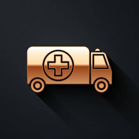 Gold Ambulance and emergency car icon isolated on black background. Ambulance vehicle medical evacuation. Long shadow style. Vector Illustrationのイラスト素材