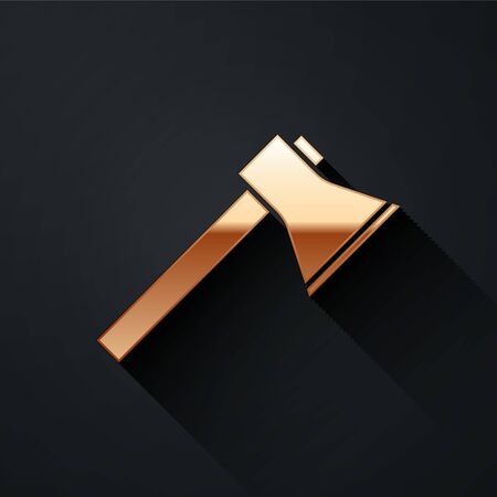 Gold Firefighter axe icon isolated on black background. Fire axe. Long shadow style. Vector Illustrationのイラスト素材