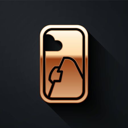 Gold Airplane window icon isolated on black background. Aircraft porthole. Long shadow style. Vector Illustrationのイラスト素材
