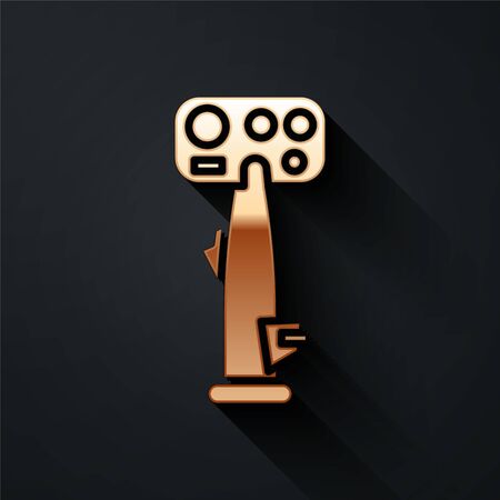 Gold Aircraft steering helm icon isolated on black background. Aircraft control wheel. Long shadow style. Vector Illustrationのイラスト素材